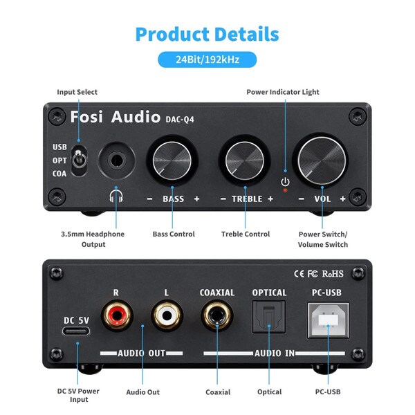 Main product image for Fosi Audio Q4 Mini Stereo Gaming DAC and Headphone Amplifier235-260